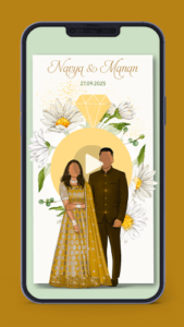 Caricature Animated Couple Floral Engagement Ring Ceremony Sagaai Digital Invitation Card Video for Whatsapp
