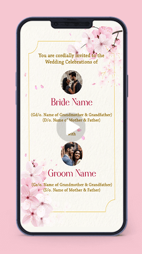 MF19 Golden Cherry Blossom Floral Pink Indian Wedding Invitation Video Card for Whatsapp