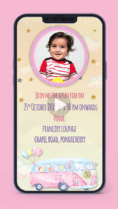 Wheels on the bus Invitation video card for whatsapp pastel 1st first