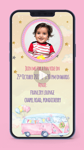Wheels on the bus Invitation video card for whatsapp pastel 1st first