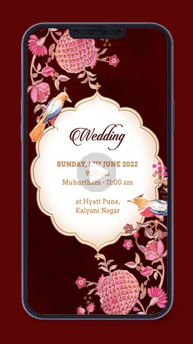Contemporary Traditional Floral Love Birds Indian Wedding Invitation Video Bloom Card
