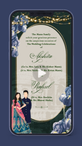 Floral Modern Contemporary Indian Wedding Invitation Video with Caricature Animated Card