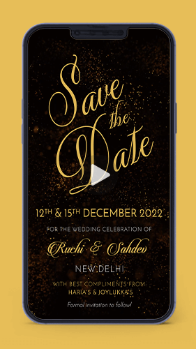Black & Golden Glitter Shine Save the Date Wedding Video Card Invite